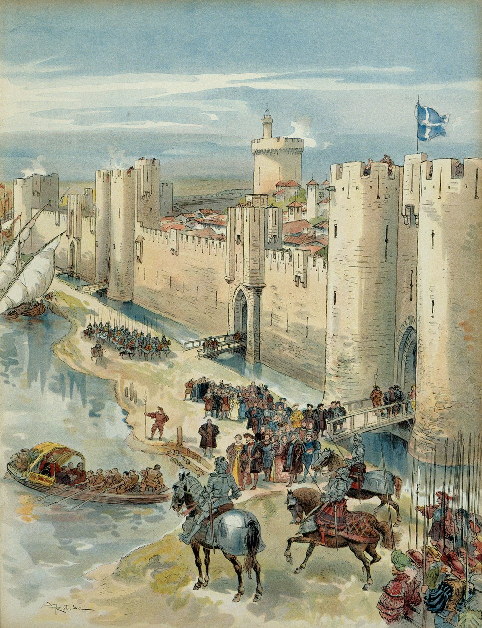 Åttonde italienska kriget (1536-1538): intervju av Aigues Mortes (eller treve av Aigues Mortes) den 14 juli 1538, möte mellan Francois I (1494-1547), kung av Frankrike och Karl V (1500-1558), kung av Spanien och kejsare av det heliga romerska riket germans av Albert Robida