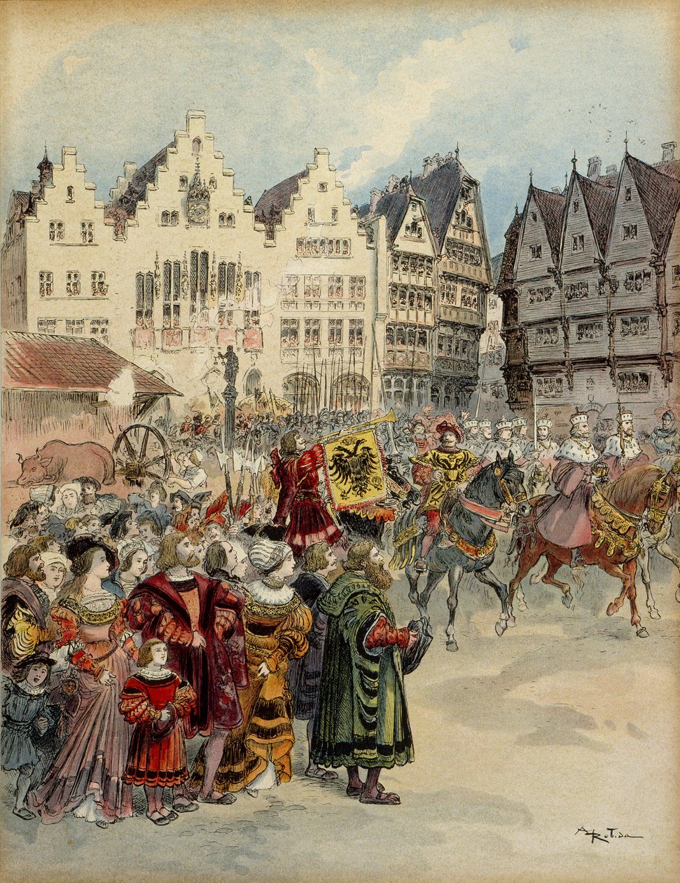 Val av Karl V (1500-1558) till Tysklands kejsare den 28 juni 1519. De sju kurfurstkåren går genom Frankfurts (Tyskland) gator. Illustration av Albert Robida