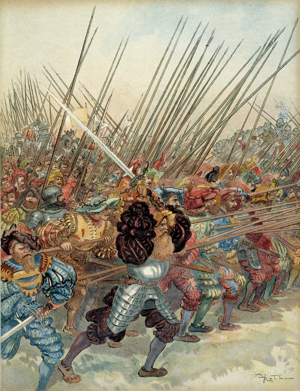 Femte italienska kriget (1515-1516): Schweiz anfall mot Francois I (1494-1547) och hans venetianska allierades vapen vid Marignan (Italien) av Albert Robida