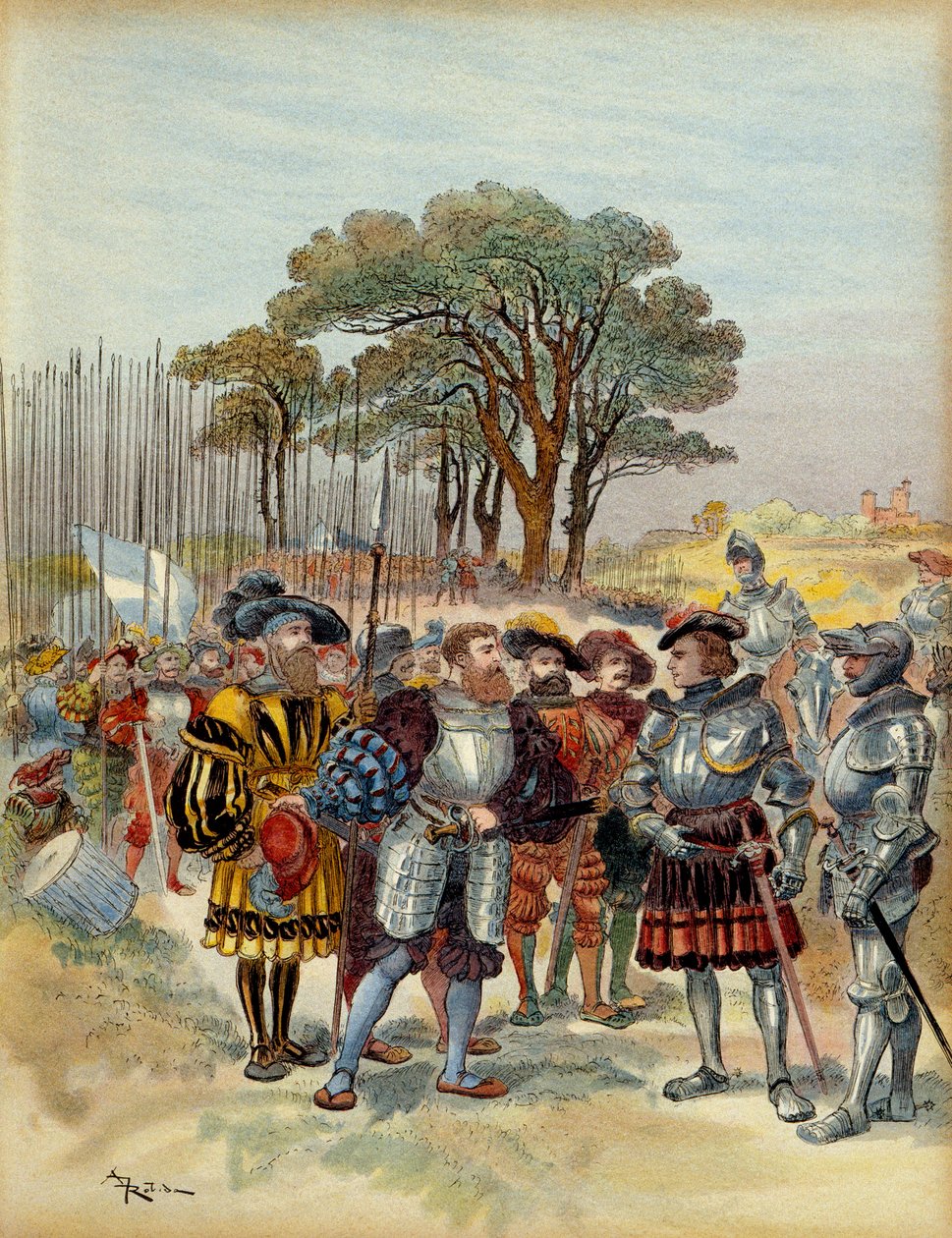 Femte italienska kriget (1515-1516): i lägret som drog sig tillbaka från Bicocca (bicoque) framför Milano (Italien), 1516, krävde schweizarna lön, conge eller strid, Odet de Foix, Viscount de Lautrec, marechal of France (1485-1528) kunde inte betala dem. I av Albert Robida
