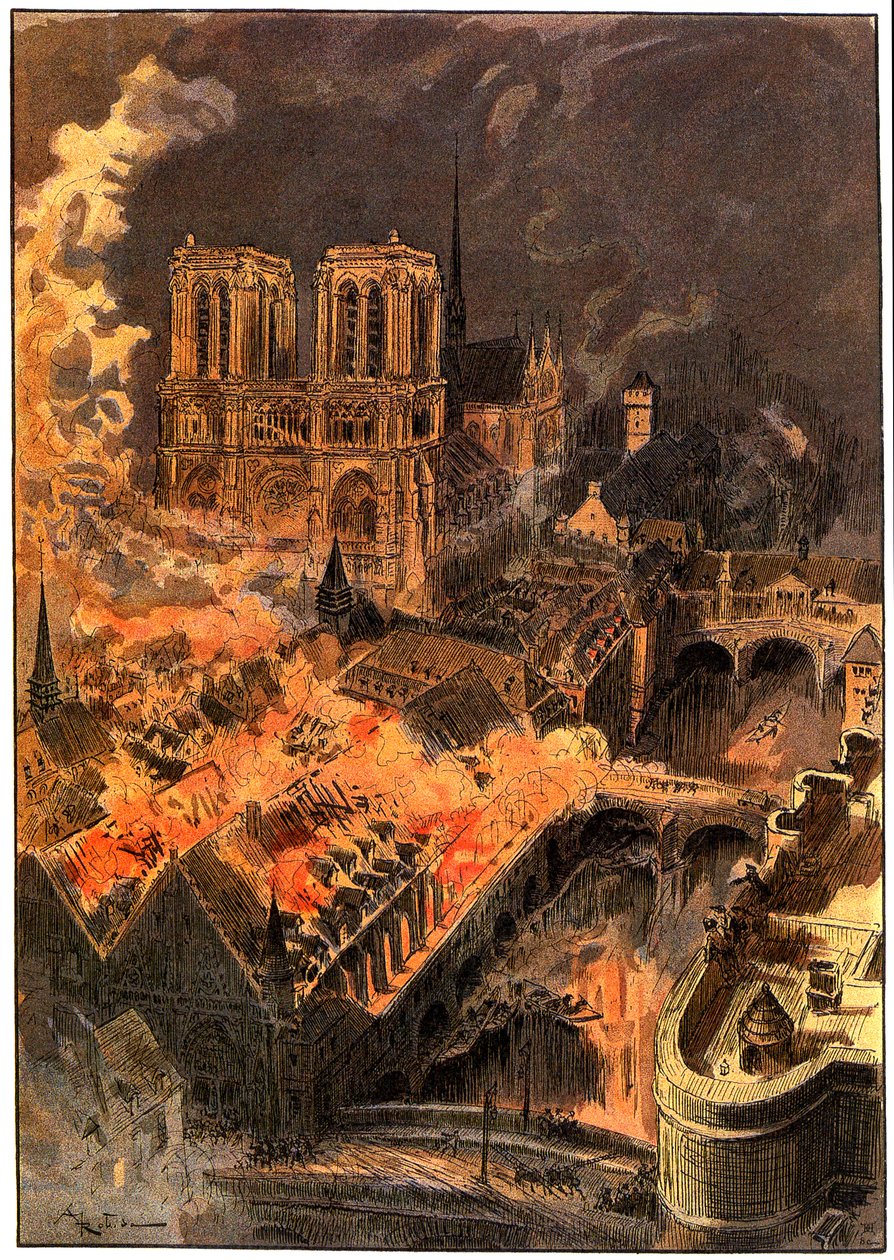 Brand på Hotel-Dieu, nära Notre-Dame de Paris, natten mellan den 29 och 30 december av Albert Robida