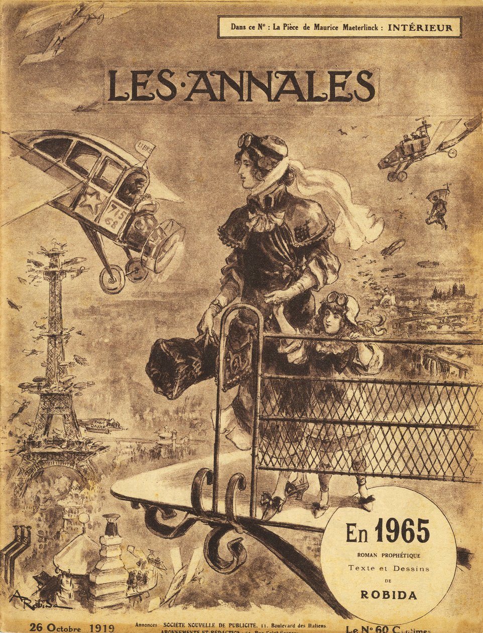 Första publiceringen av den profetiska romanen "En 1965"" av Albert Robida (1848-1926) 1919 i tidningen "Annales Politiques et Litteraires" - Paris lider av trafikstockningar... i himlen! Självflygande (självflygande) och taxiplan (flygplan av Albert Robida