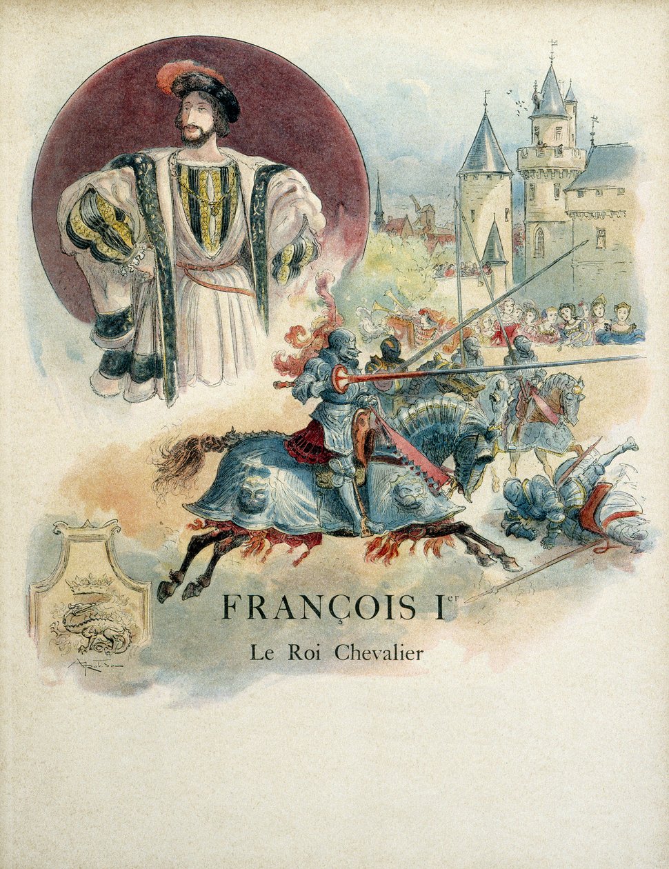 Francois I (1494-1547), porträtt av kungen av Frankrike och turneringsscenen. Illustration av Albert Robida (1848 - 1926) av Albert Robida