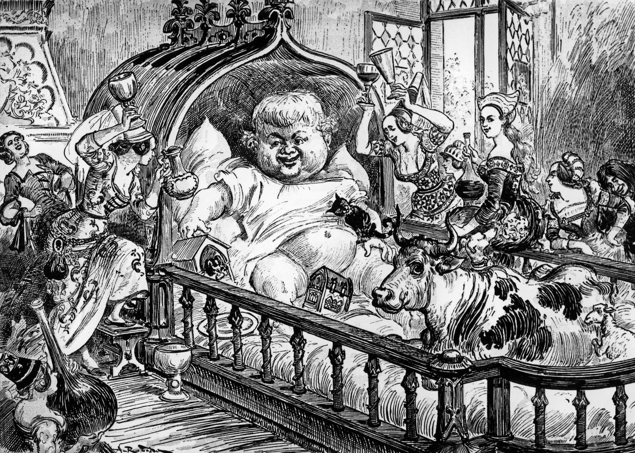 Stora och ovärderliga krönikor av den stora och enorma jätten Gargantua anonyma verk som inspirerade Francois Rabelais för "Pantagruel" 1532, gravyr av Albert Robida: här Gargantua som en baby av Albert Robida
