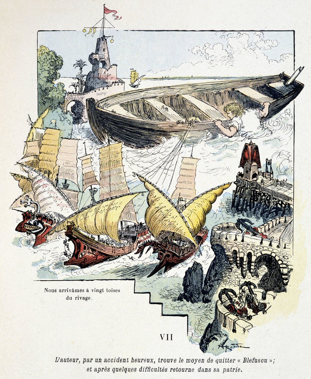 Gulliver och hans gigantiska båt i Lilliputians hamn - i "" Voyages de Gulliver"" av Jonathan Swift (1721), ill. av Robida av Albert Robida