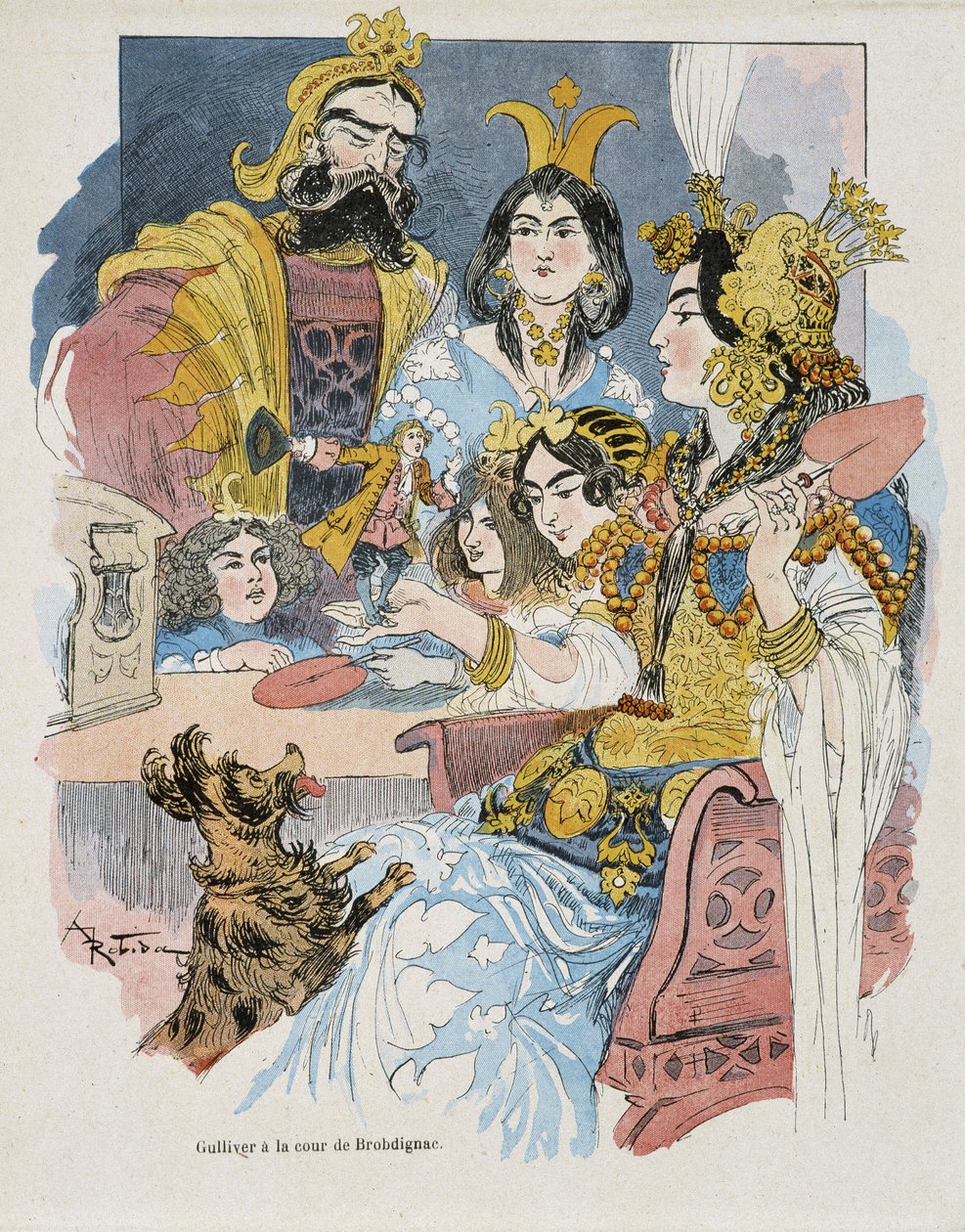 Gulliver vid Brobdignac Court - i "" Gulliver Voyages"" av Swift, ill. av Robida av Albert Robida