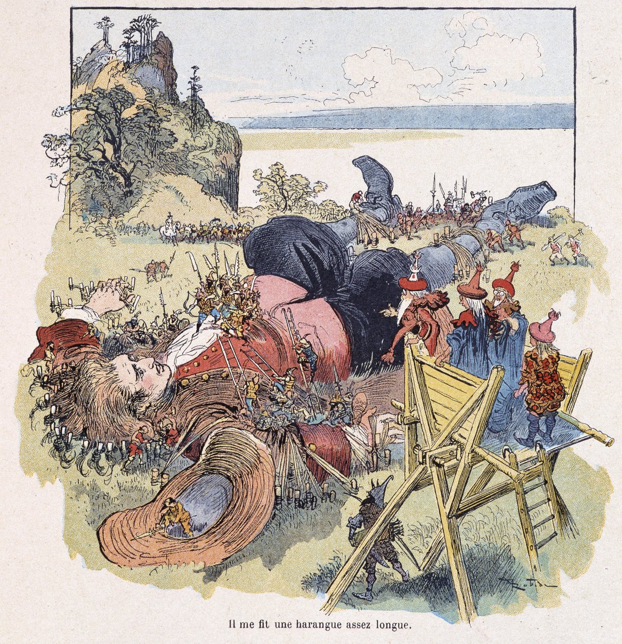 Gulliver bundet av Lilliputians - i "" Gulliver Voyages"" av Swift, ill. av Robida av Albert Robida