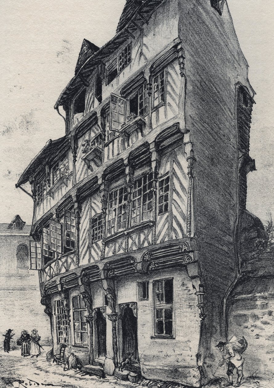 House rue Saint Guillaume i Rennes - Gamla Frankrike - Bretagne - text, teckningar och litografier, av Albert Robida (1848-1926) odaterat slutet av 1800-talet av Albert Robida