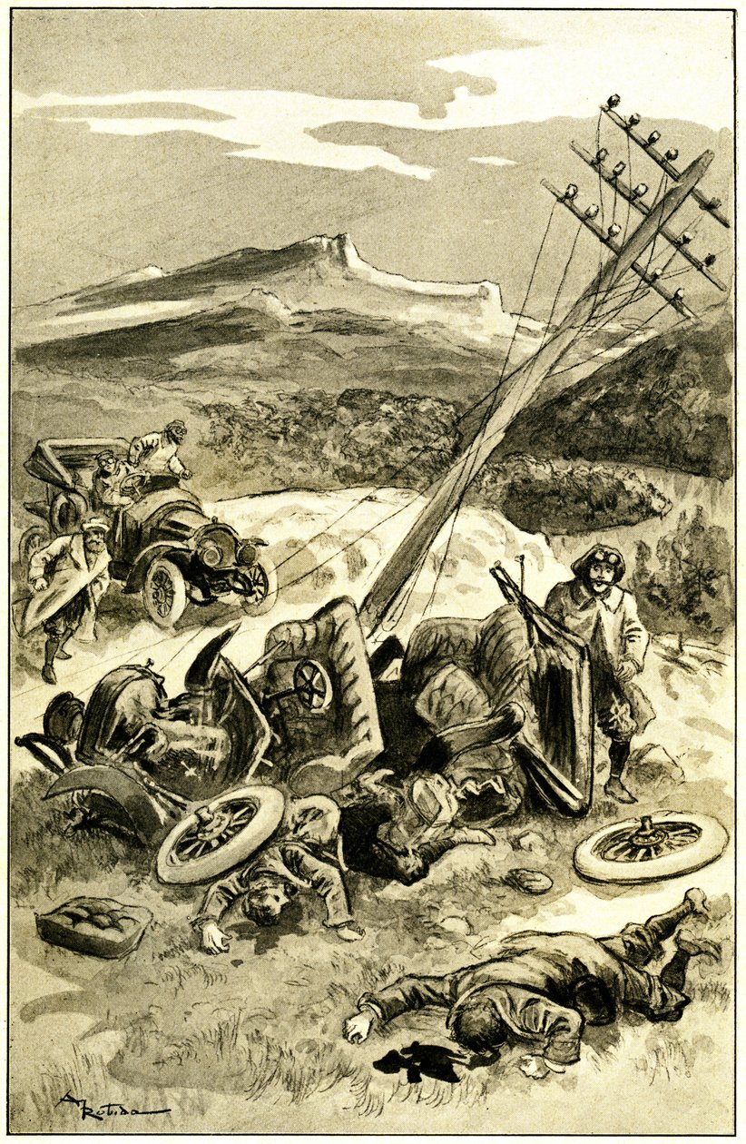 Illustration av Albert Robida (1848-1926) till Leon Berthaults bok "" Le record du tour du monde "", Mame-upplagan från 1900-talet (1911) - en trafikolycka runt 1900: bil som träffade en telegrafisk linjestolpe. Kasta ut passagerare är skadade - av Albert Robida