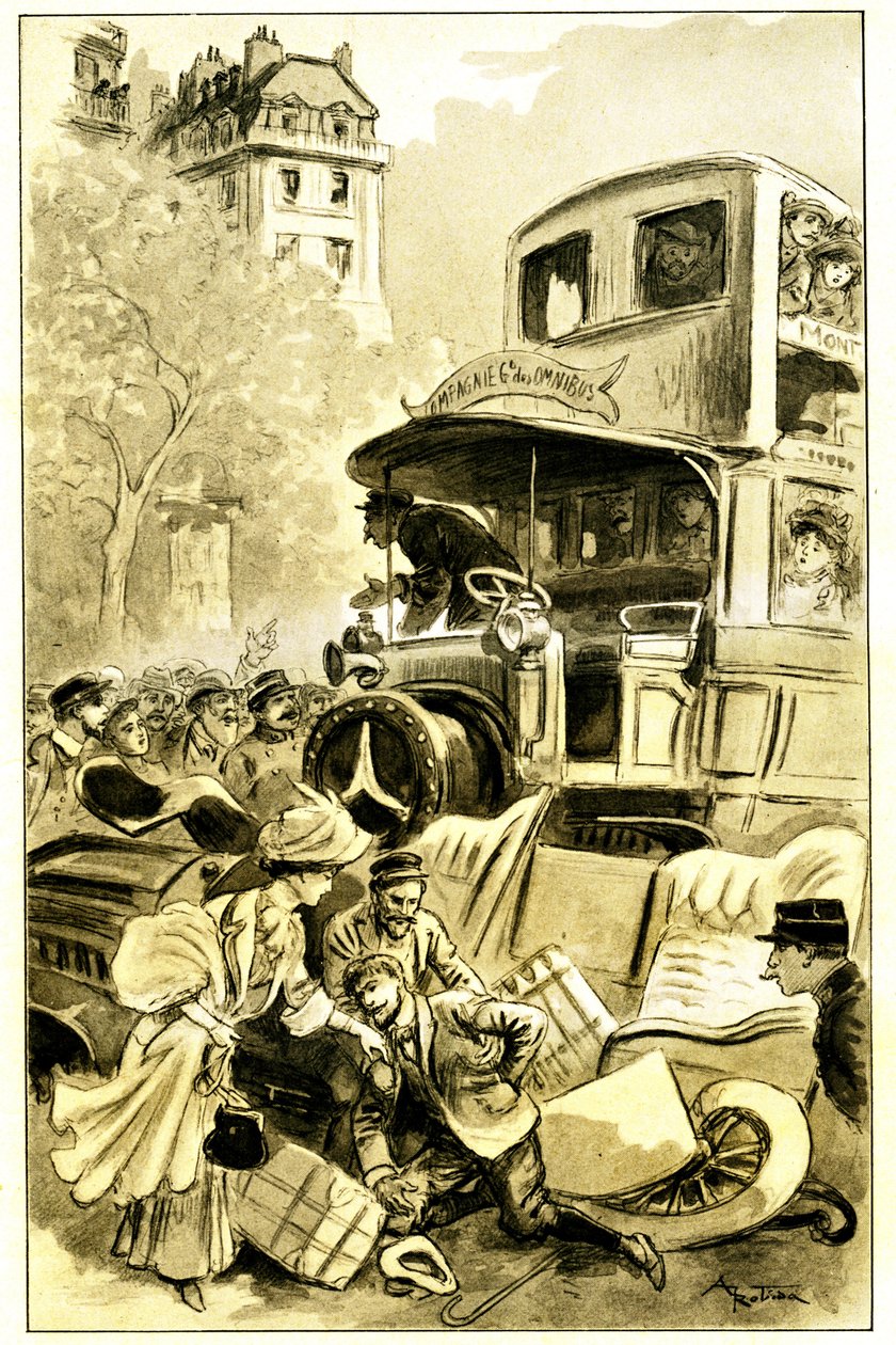 Illustration av Albert Robida (1848-1926) till Leon Berthaults bok "Le record du tour du monde", upplaga Mame debut 1900-talet (1911) - en trafikolycka i Paris omkring 1900: bil påkörd av en omnibus. Föraren är skadad - av Albert Robida