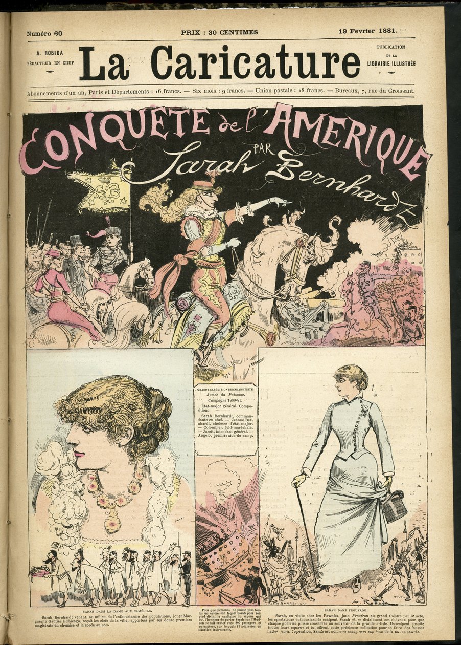Illustration av Albert Robida (1848-1926) för omslaget till The Caricature (1880) av Albert Robida