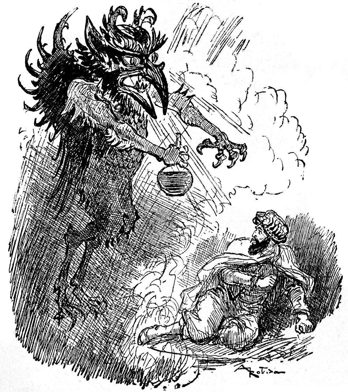 Illustration av Albert Robida (1848-1926) av en arabisk legend (1001 nätter) (Tales of the Thousand and One Night): en hemsk demon (ond ande) presenterar en man med en flaska vin. gravyr av boken "Choix de lectures"" Armand Colin 1926. av Albert Robida