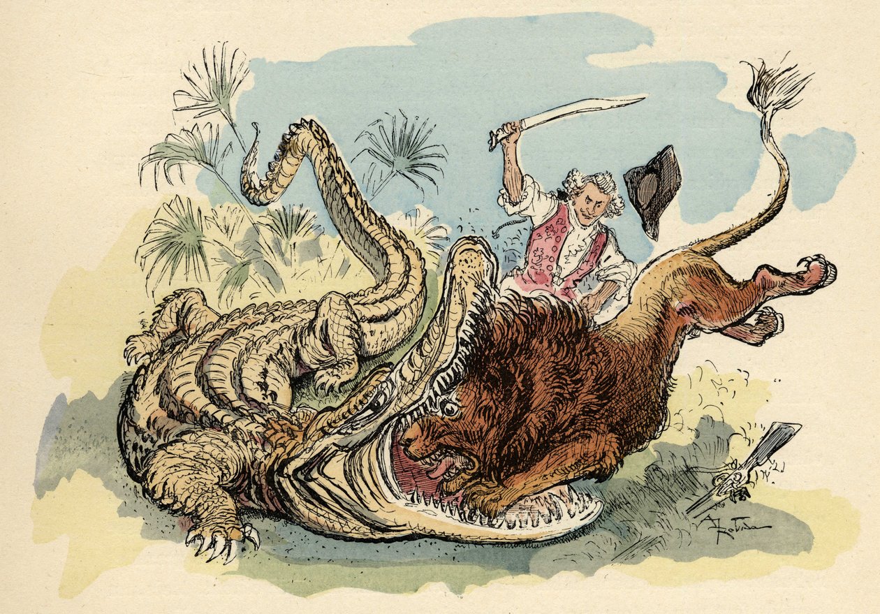 Illustration av Albert Robida i "" History and Adventures of the Baron de Munchausen"" (Munchhausen), H. Laurens Ed., sent 1800-tal."" av Albert Robida