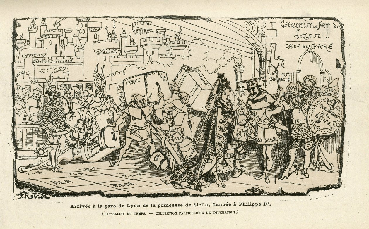 Illustration av Albert Robida (1848-1926) i Histoire de France tintamarresque, ca. 1880 - Station, Ancien regimen, Sicilien - Philippe I av Albert Robida