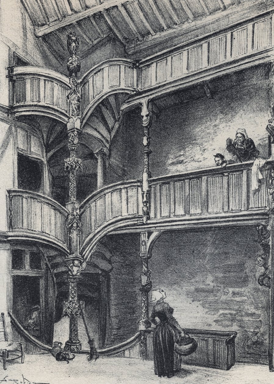 Interiör av ett hus i Morlaix - Gamla Frankrike - Bretagne - text, teckningar och litografier, av Albert Robida (1848-1926) odaterat slutet av 1800-talet av Albert Robida