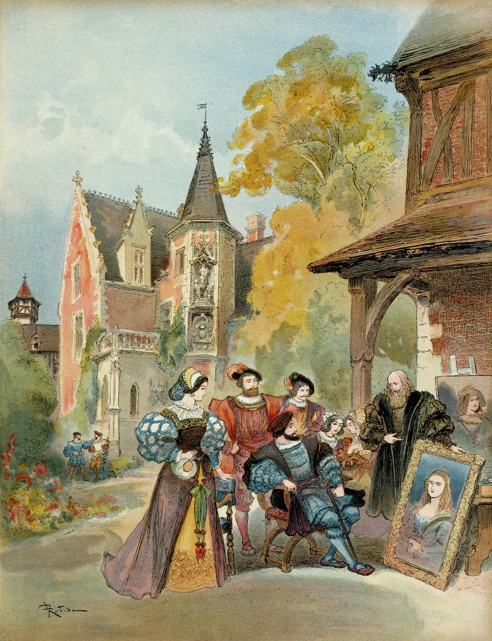 Kung Francois I (1494-1547) köpte Mona Lisa till Leonard de Vinci (Leonardo da Vinci) (1452-1519), nära det kungliga slottet Amboise, mellan 1516 och 1519. Illustration av Albert Robida