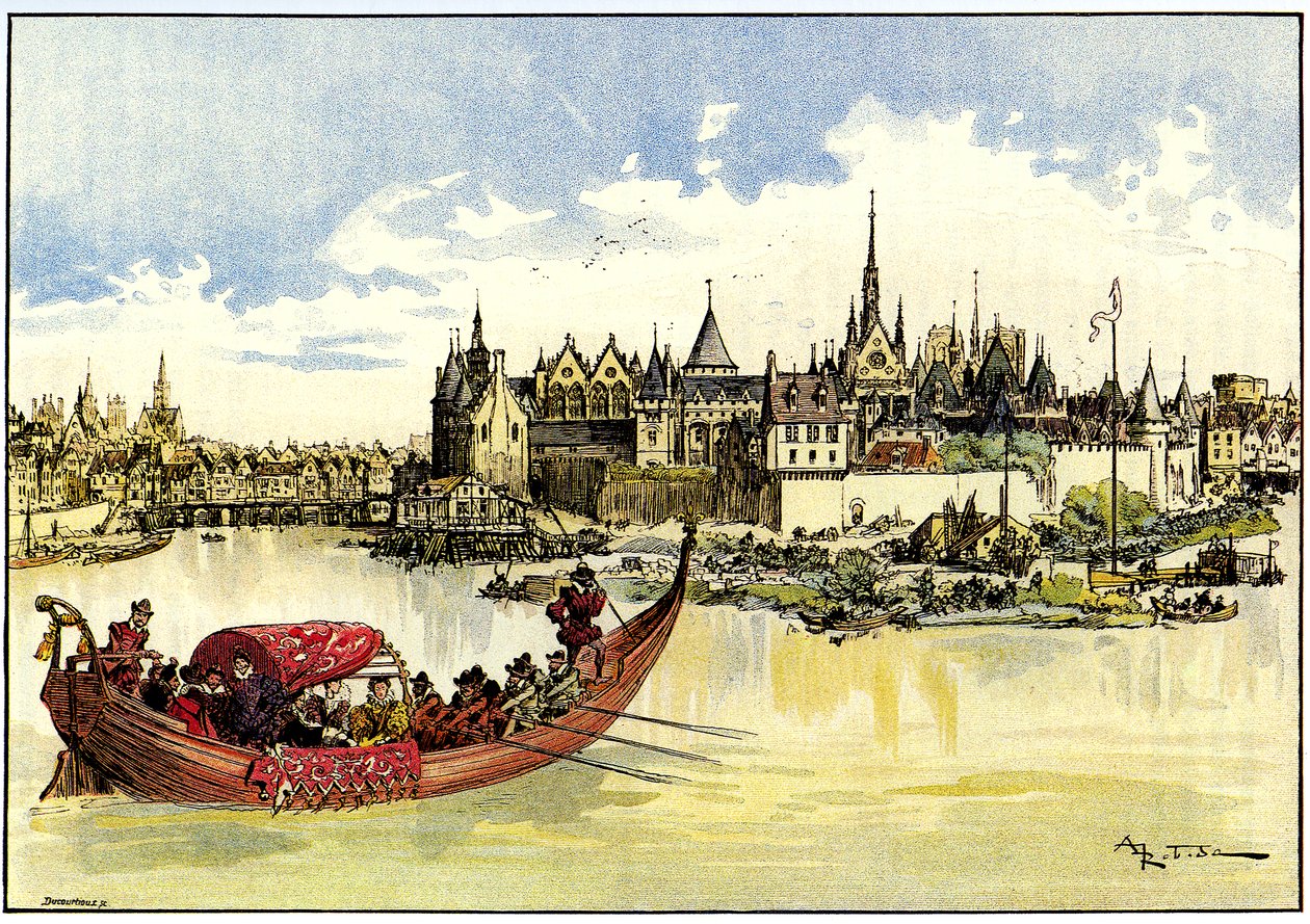 Kung Henri III i en båt som lägger den första stenen i Pont Neuf över Seine i Paris, 31 maj av Albert Robida