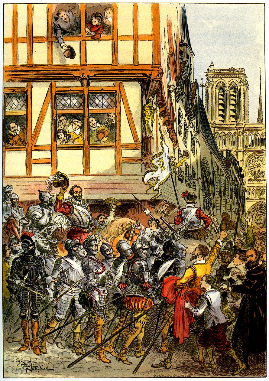 Kung Henri IV av Frankrike hyllas av folkmassan när han anländer till Notre-Dame efter kapitulationen av Paris den 22 mars av Albert Robida