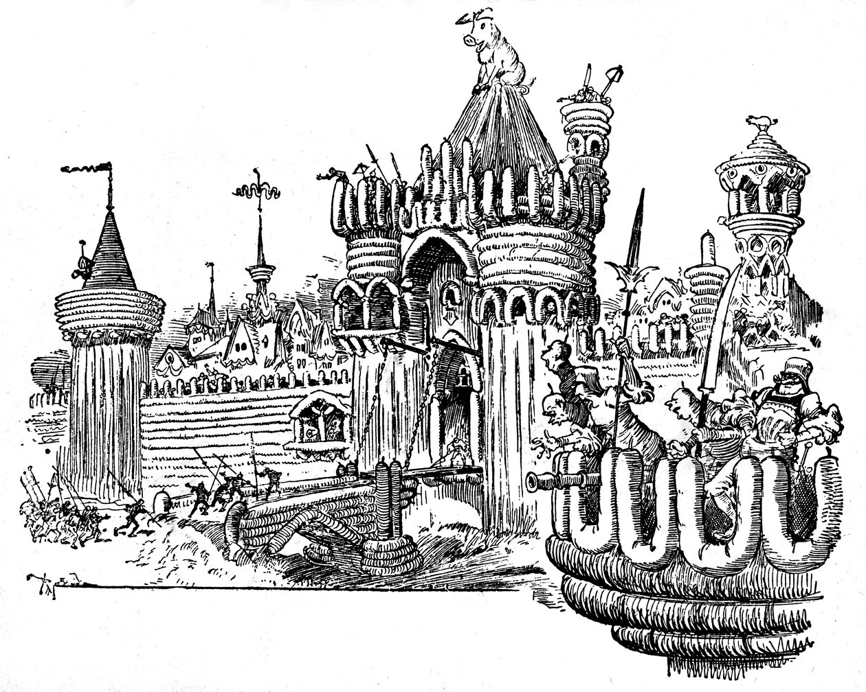 La Cite des Angouiles. Stadsmurarna är gjorda av påläggsbitar (korv, pudding), en stor gris sitter på taket av ett torn vid ingångsporten. Illustration av Albert Robida (1848-1926) för ett avsnitt av Fourth Livre av Francois Rabelais - L av Albert Robida