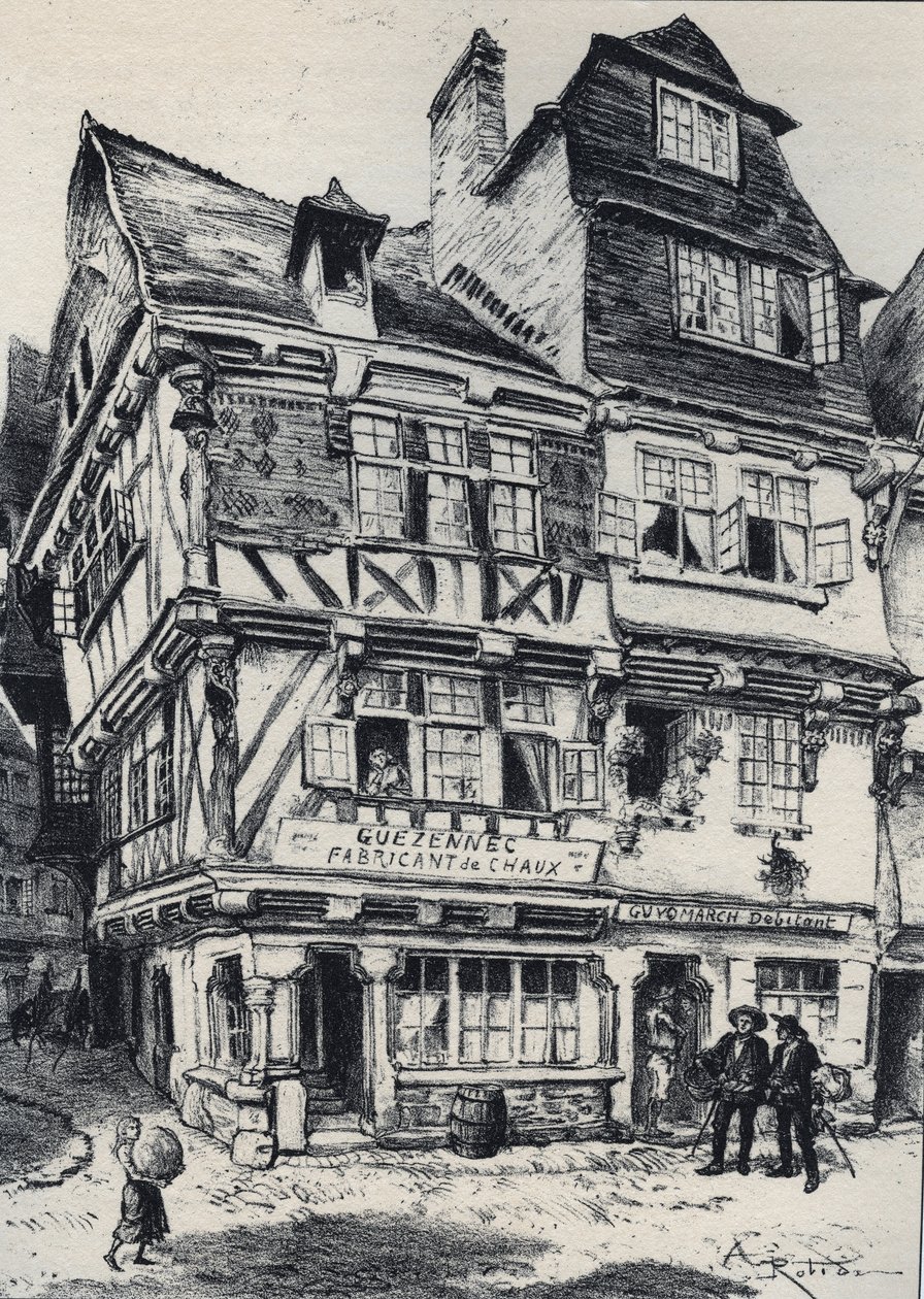 La venelle aux pastes i Morlaix - Gamla Frankrike - Bretagne - text, teckningar och litografier, av Albert Robida (1848-1926) odaterat sent 1800-tal av Albert Robida