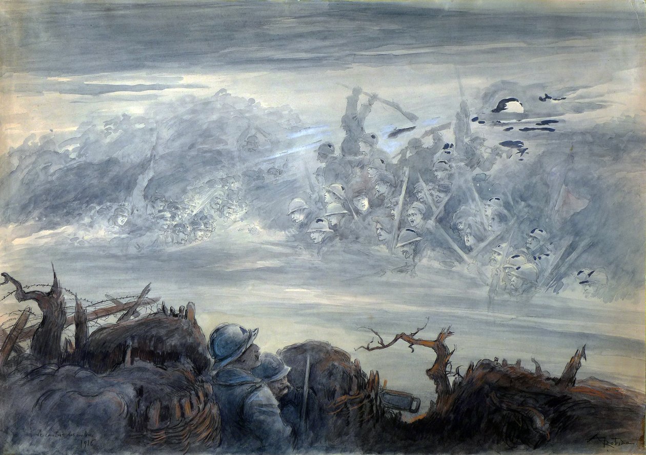 Le combat des ombres: poilus dans une tranchee att föreställa sig en attack av spöksoldater av Albert Robida