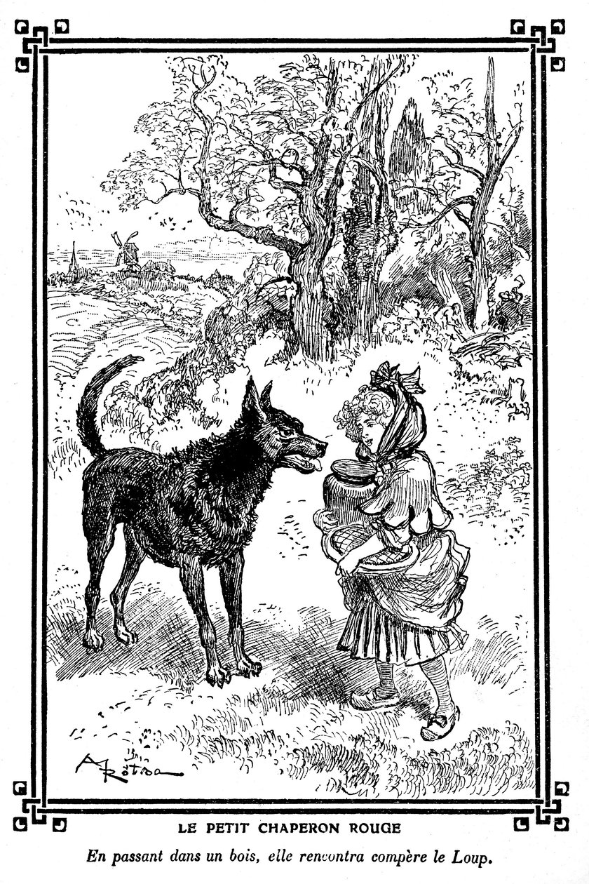 Rödluvan, med sin tårta och smörburk, möter vargen. Teckning av Albert Robida (1848-1926) i en läsbok för barn 1920-1930. av Albert Robida
