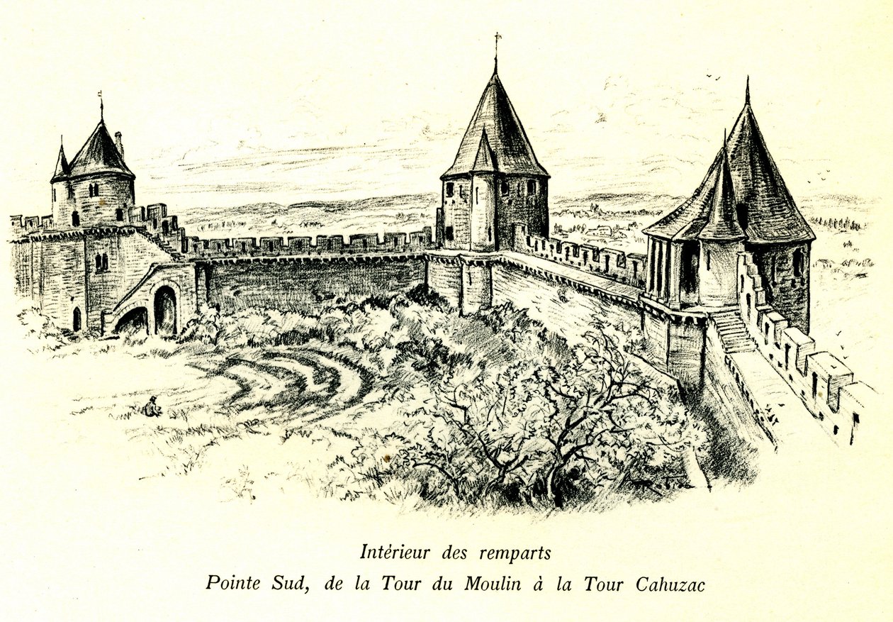 Medeltida stad Carcassonne (Aude, Languedoc, Cathar Country) - Interiör av vallarna, södra spetsen, från Moulin-tornet till Cahuzac-tornet - plats för utomhusteatern - romantisk gravyr av Albert Robida (1848-1926) i en bok utgiven på begi av Albert Robida