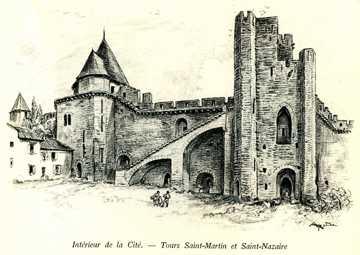 Medievale Cite de Carcassonne (Aude, Languedoc, Pays Cathare) - Tours Saint Martin (Saint Martin) och Saint Nazaire (Saint Nazaire) med hus byggda mot vallarna - romantisk gravyr av Albert Robida (1848-1926) i en bok publicerad på börjar av Albert Robida