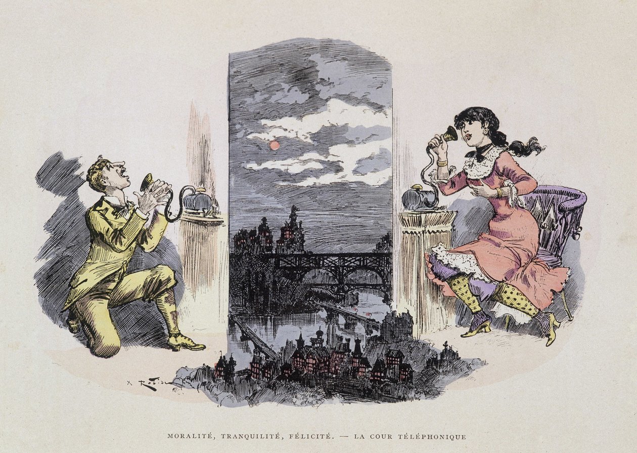 Moral, lugn, lycka - Telefondomstolen, karikatyr av Robida, sd. 1800-talet av Albert Robida