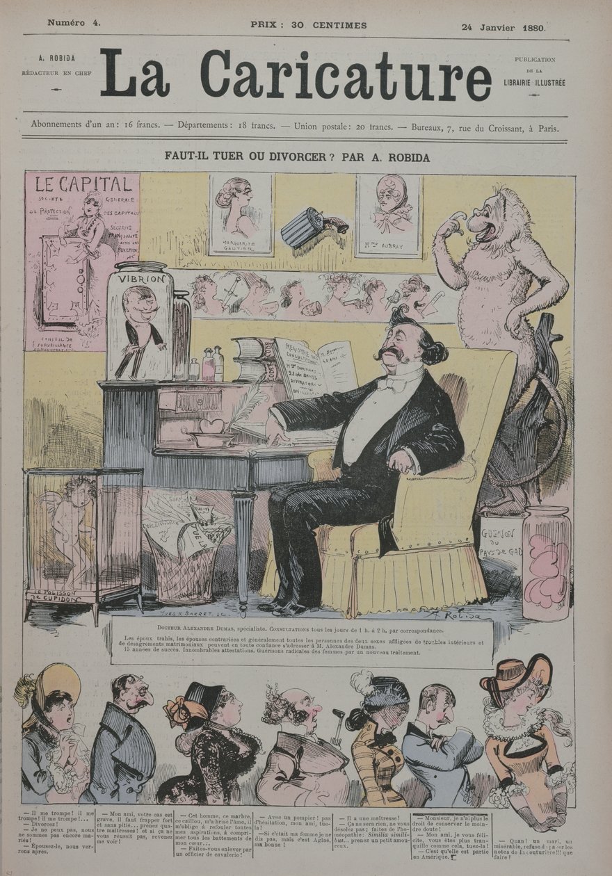 Mord eller skilsmässa, omslaget till "La Caricature" med Alexandre Dumas Fils (1824-95) som "expert" på äktenskapsdramer, 1 januari 1880. av Albert Robida