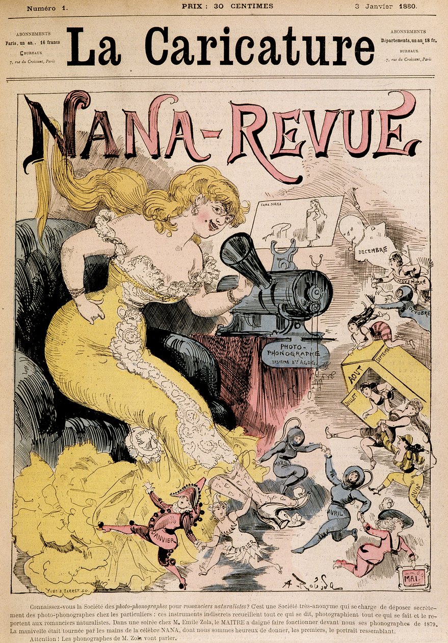 Nana-Revue: tecknad film om Zola och hennes verk "" Nana"" av Robida - i "" La Caricature""" från 1880-01-03 av Albert Robida