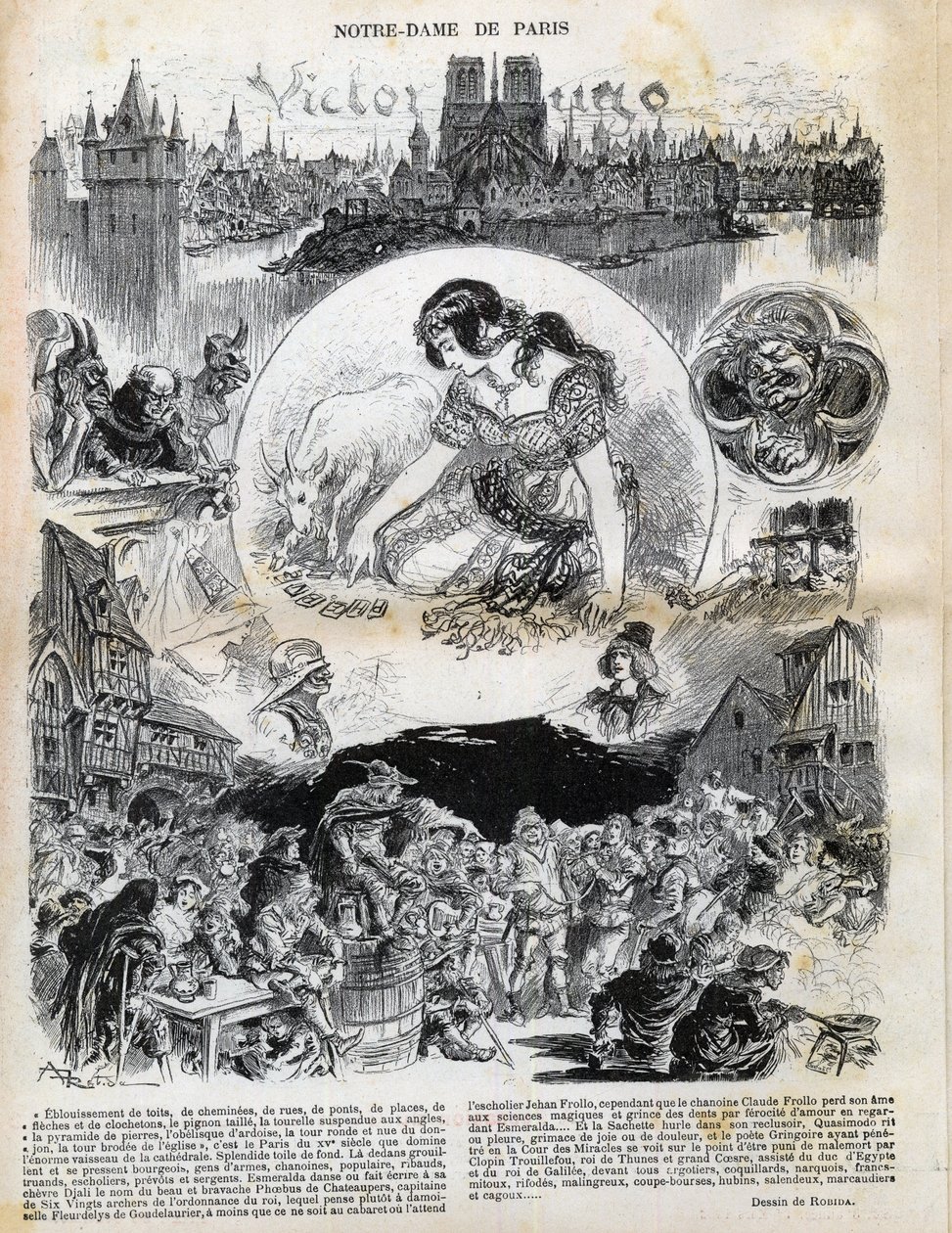 Notre Dame de Paris av Victor Hugo (1802-1885) (Notre-Dame de Paris) teckning av Albert Robida (1848-1926) i "" Le rire "" från 1902 av Albert Robida