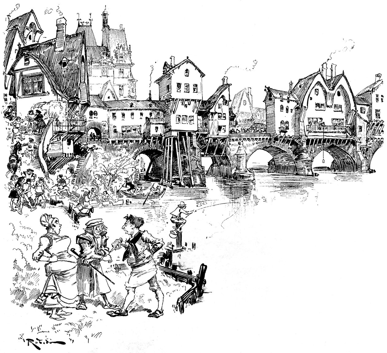 Paris: Seinen, bro med hus, invånare, parisare, scener av parisiskt liv under medeltiden - arkitektur - urban livsmiljö - flod - illustration av Albert Robida (1848-1926) av Albert Robida
