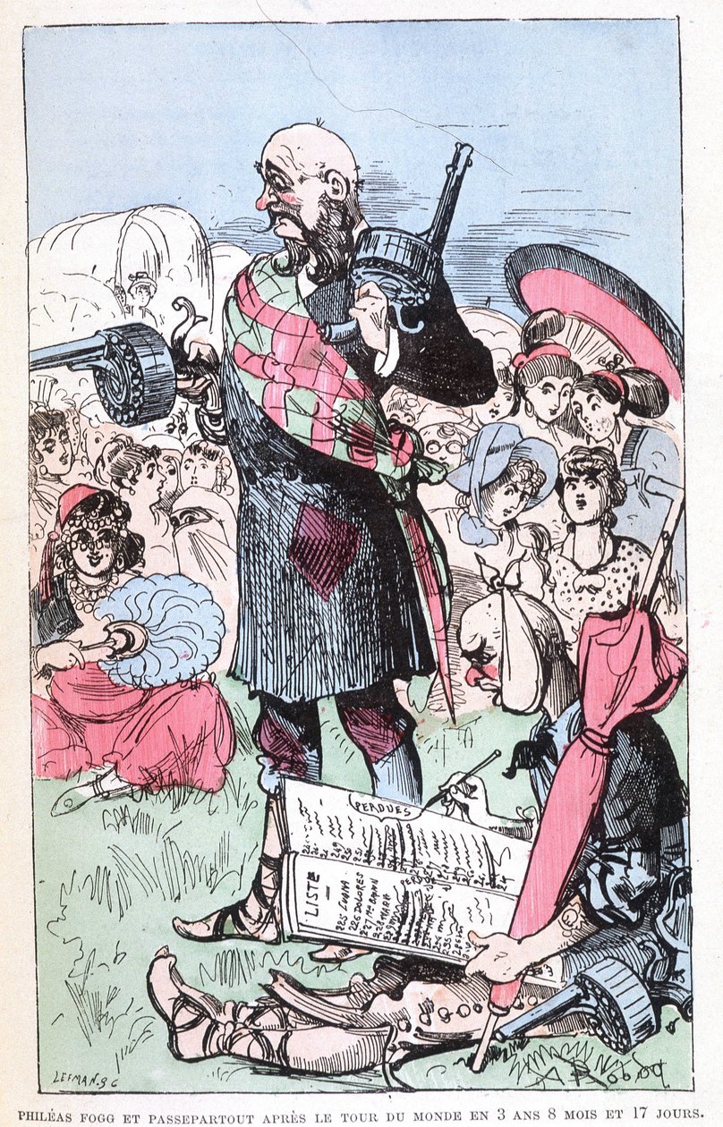 Philéas Fogg och Passepartout efter världens turné på 3 år 8 månader och 17 dagar, parodi på Jules Verne, "" Mycket extraordinära resor av Saturnin Farandoul i 5 eller 6 delar av världen och i alla länder kända eller okända för Mr. Jules Verne”” av av Albert Robida