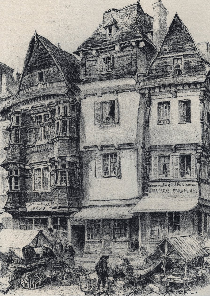 Place du marche i Lannion - Gamla Frankrike - Bretagne - text, teckningar och litografier, av Albert Robida (1848-1926) odaterat slutet av 1800-talet av Albert Robida