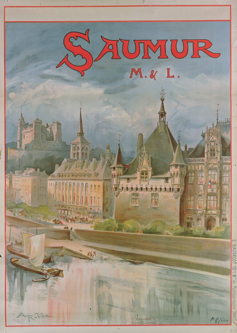 Saumur affisch (färg litho) av Albert Robida