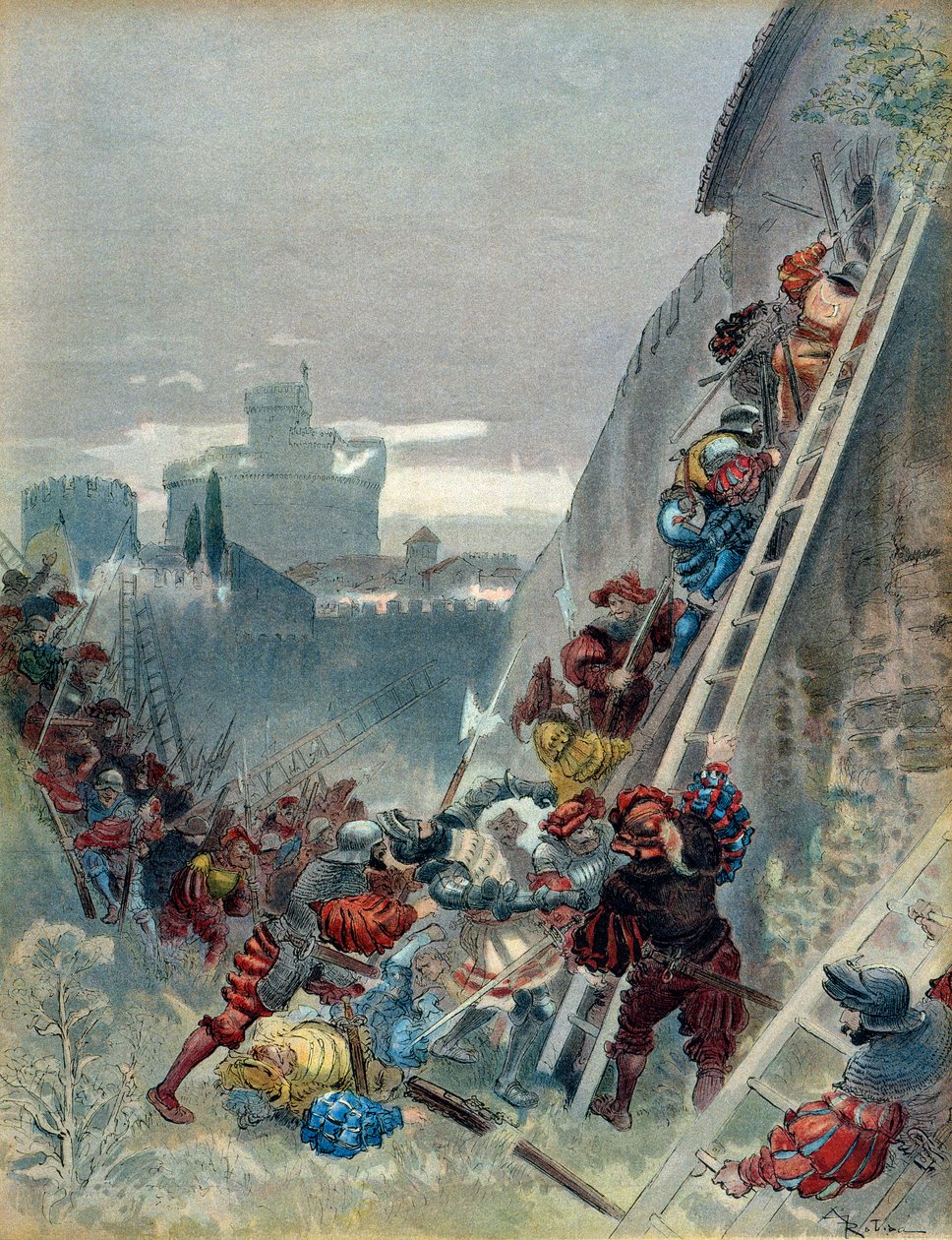 Sjunde italienska kriget (1526-1529): Karl III av Bourbons död (1490-1527) vid belägringen av Rom den 6 maj 1527. Illustration av Albert Robida