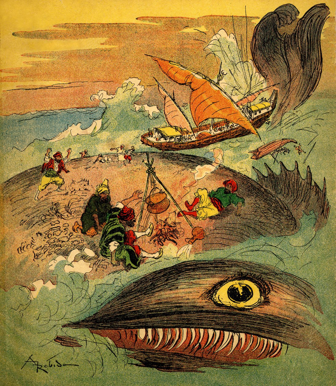 Sindbad sjömannen (Sinbad) - saga om de tusen och en natt (1001) - bok från 1948 som berättar om sina äventyr (Fortin-utgåvan, Wonderful Imaging of childhood collection) - illustration av Albert Robida (1848 - 1926): Sindbad och hans följeslagare har missl av Albert Robida