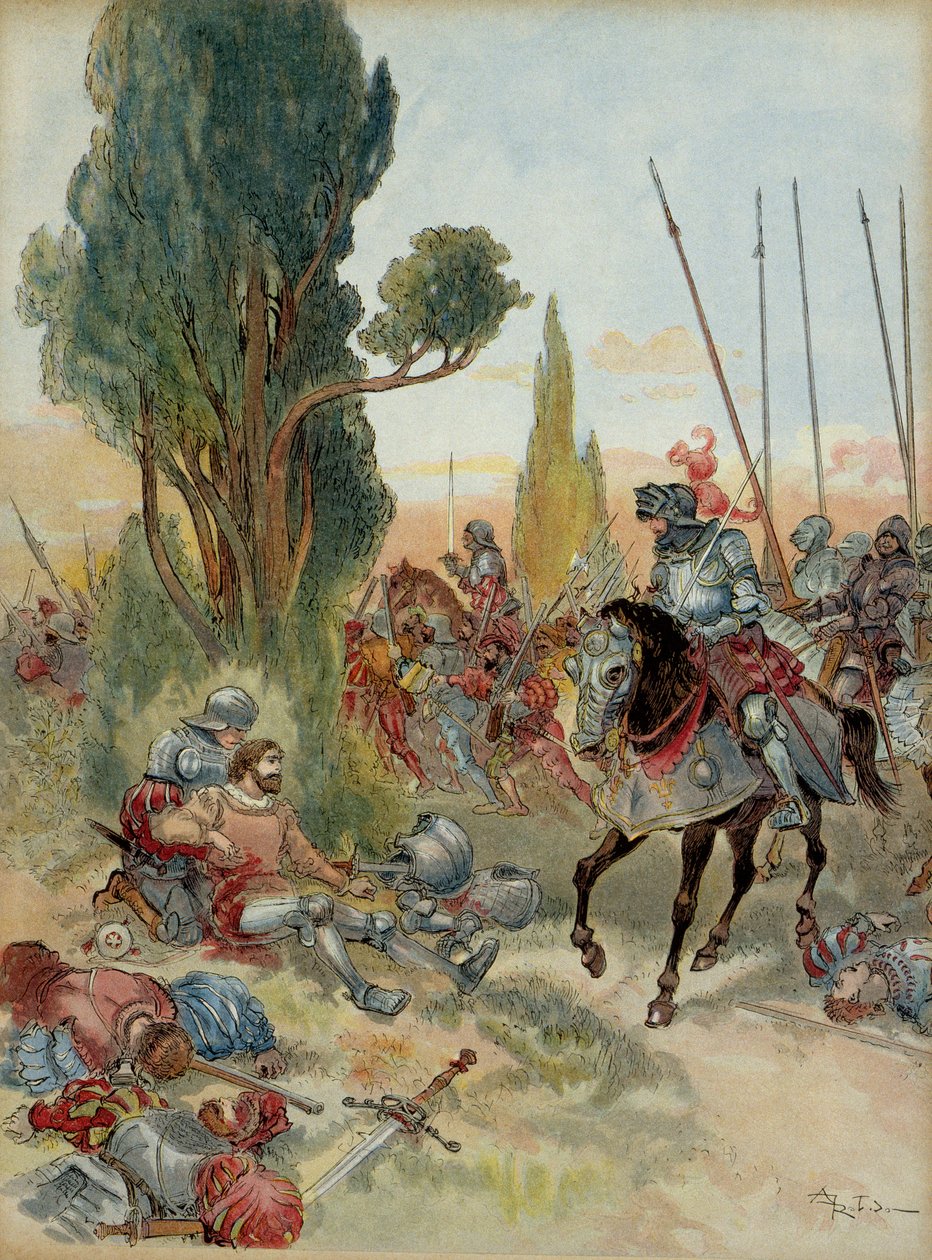 Sjätte italienska kriget (1521-1526): Pierre Terrail de Bayards död (1476-1524), sårad av en arkebusanfall vid Rebec (Italien), 1524, mötte honom Charles de Montpensier, anslutning från Bourbon (1490-1527). . Illustration av Albert Robida