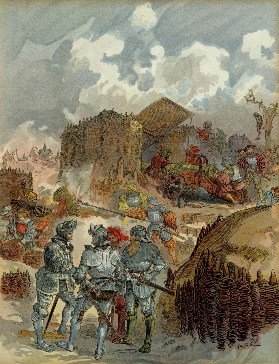 Sjätte italienska kriget (1521-1526): Pierre Terrail de Bayard (1476-1524) vid Mezieres högkvarter 1521. Illustration av Albert Robida