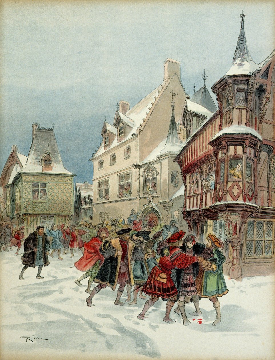 Snöbollsstrid i Romorantin (Frankrike). Kung Francois I (1494-1547) skadade attacken på Saint Pols residens den 6 januari av Albert Robida
