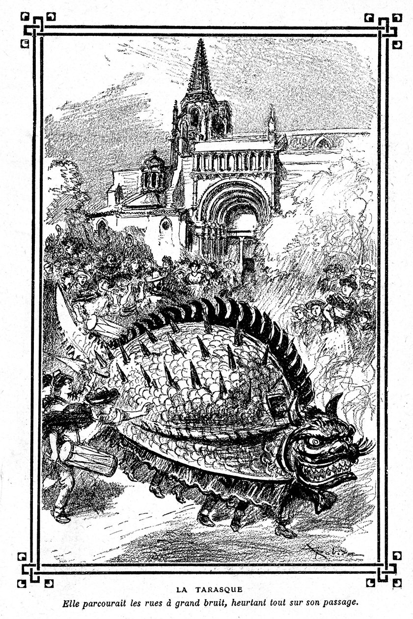 Tarascons Tarasque, fantastiska monster från Provences folklore: illustration av Albert Robida av skolboken "Choice of readings" av A Mironneau, Librairie Armand Colin 1911 - av Albert Robida