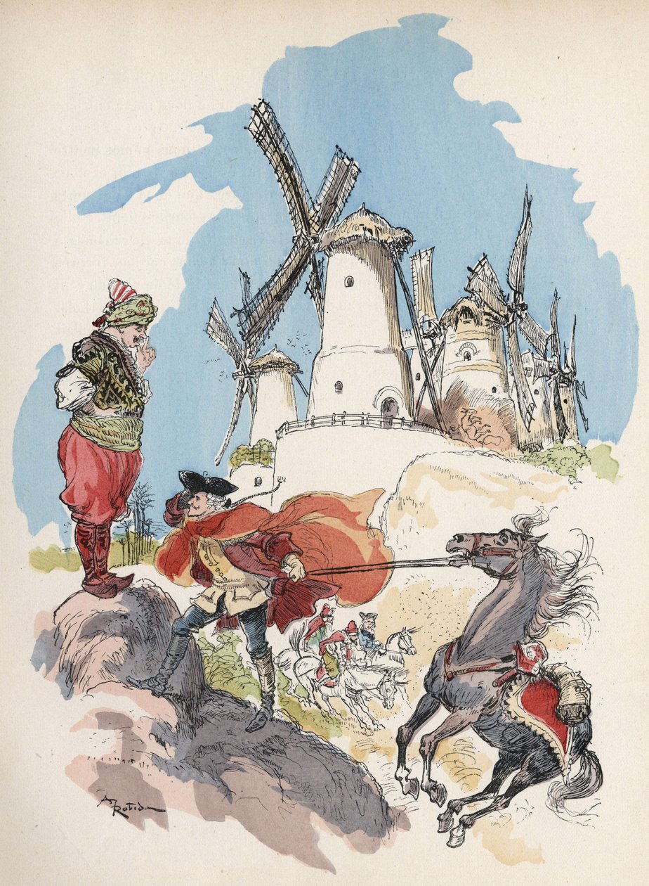 Baronen de Munchausen som precis korsade den egyptiska gränsen är fångad i en storm framkallad av en stor figur för att få de 7 bruken igång. "" Illustration av Albert Robida - i "" History and Adventures of the Baron de Munchausen"" (Munchhausen), H. Laur av Albert Robida