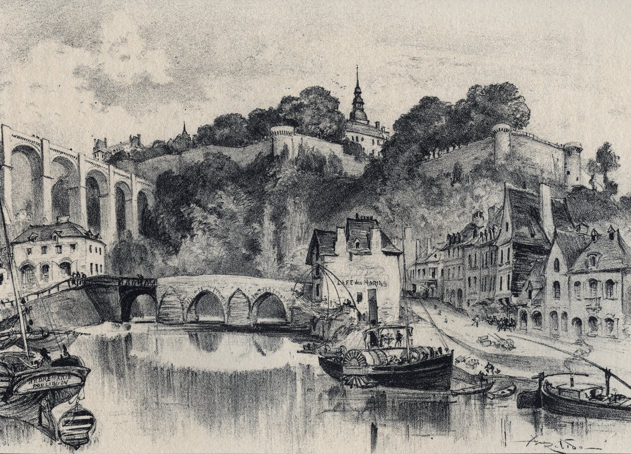 Staden Dinan - Gamla Frankrike - Bretagne - text, teckningar och litografier, av Albert Robida (1848-1926) odaterat slutet av 1800-talet av Albert Robida