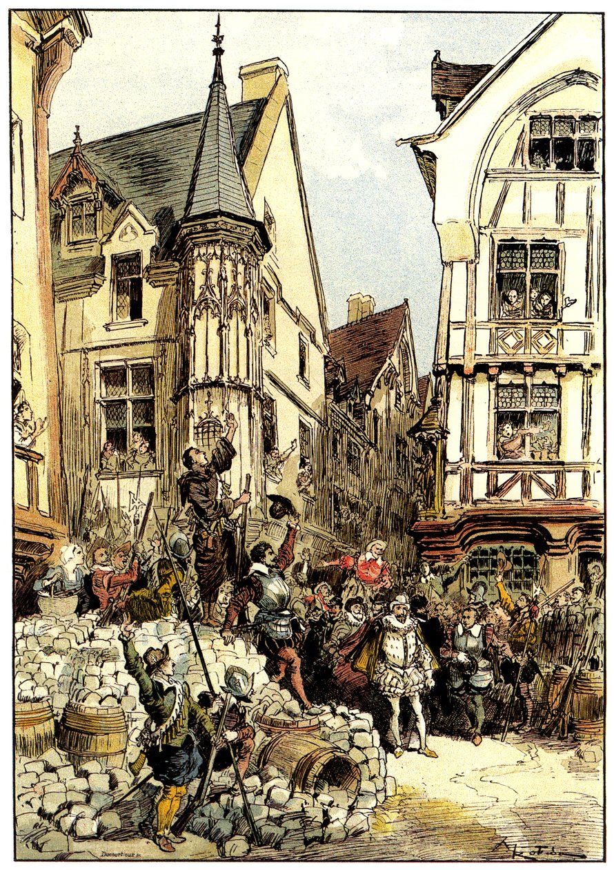 Duc de Guise hyllas av folkmassan och soldater från regementet Gardes Francaises i Paris på barrikaddagen av Albert Robida