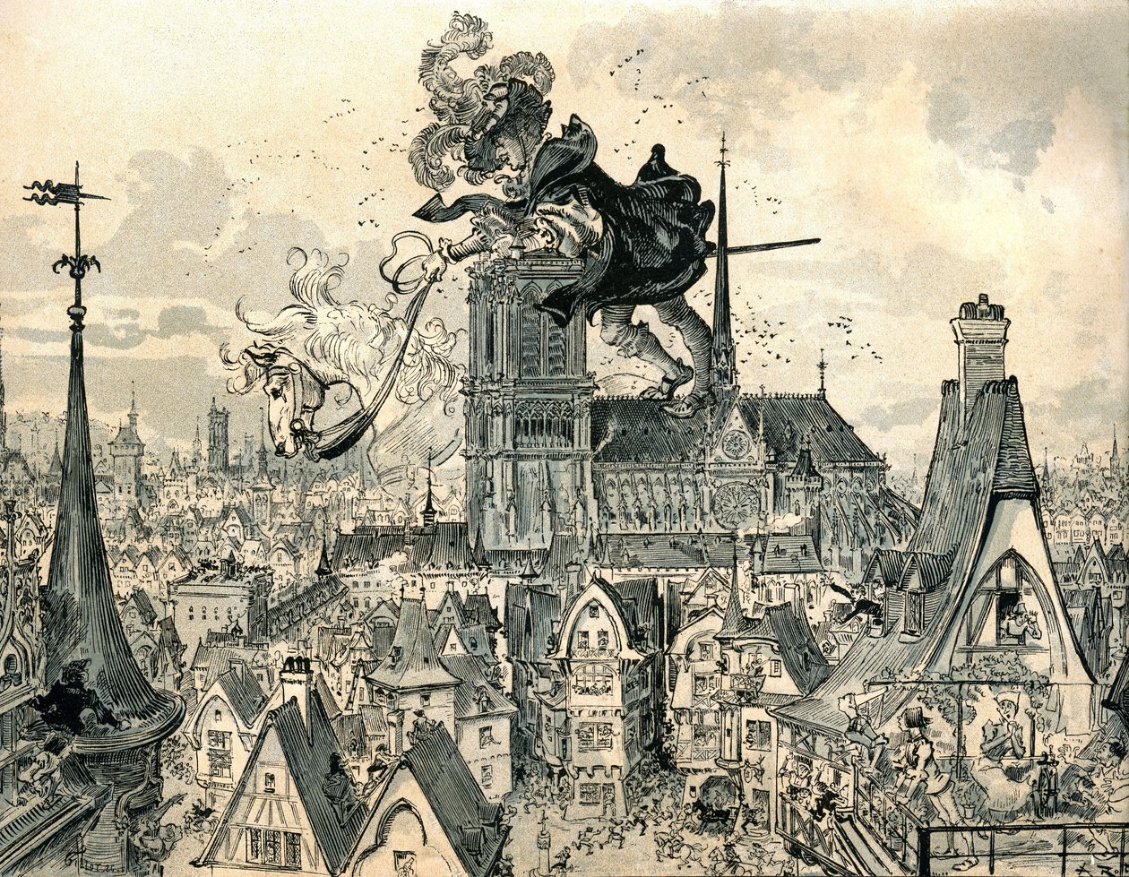 Jätten Gargantua hoppar från sin häst av Albert Robida