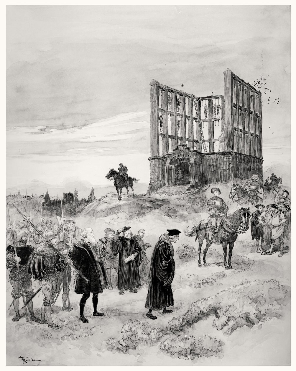 Överintendenten Jacques de Semblancay (ca 1445-1527) dömd till döden, på väg upp till Montfaucon Gibbet, 1909 (wc på papper) av Albert Robida