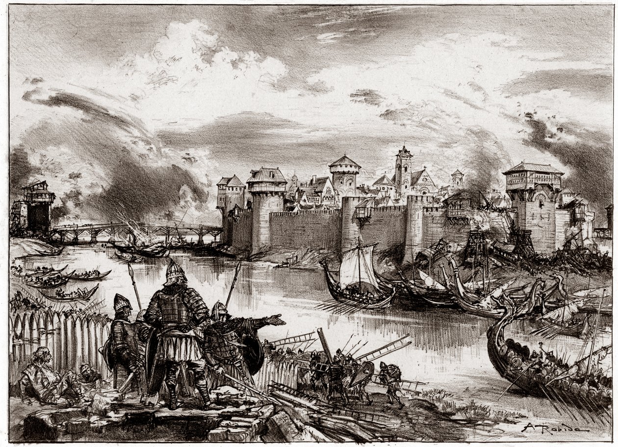 Vikingarna, normandiska pirater under befäl av sin ledare Siegfried, belägrar Paris (gravyr) av Albert Robida