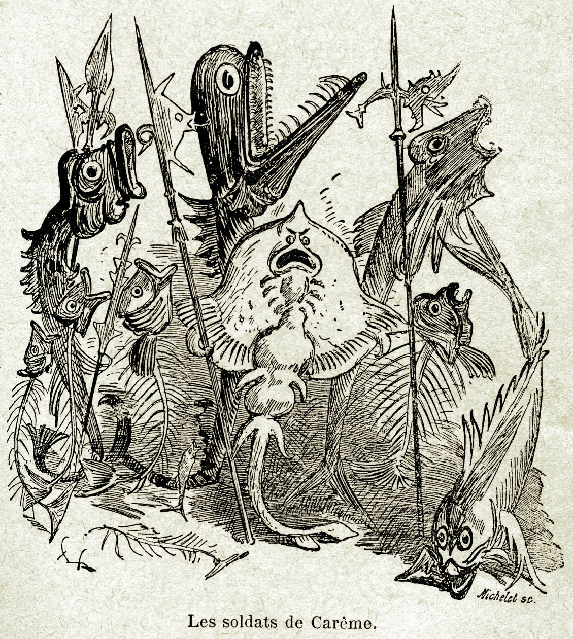 Armén av Quaresmeprenant. Soldaterna framställs som fiskar, av vilka vissa bara har arterna, med hänvisning till Caremes magra (unga) måltid. Illustration av Albert Robida (1848-1926) till ett avsnitt av den fjärde boken av Francois Rabelais - Librairie Ar av Albert Robida