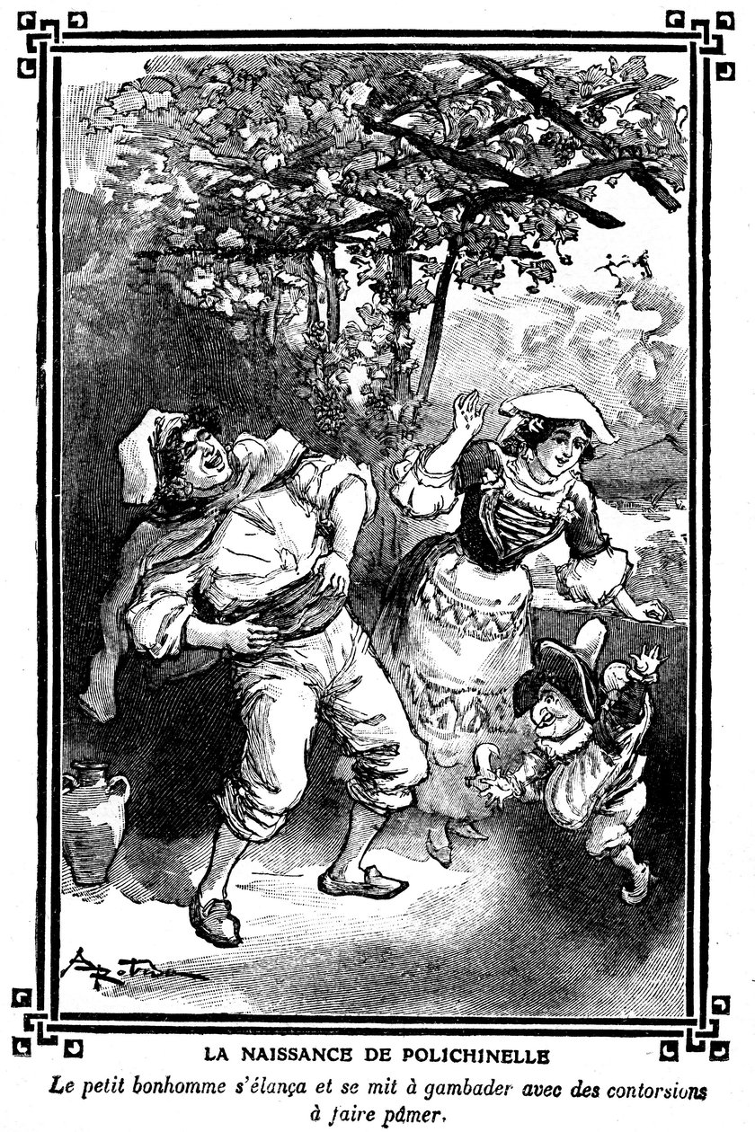 Polichinelles födelse. Teckning av Albert Robida (1848-1926) i en läsbok för barn 1920-1930. av Albert Robida
